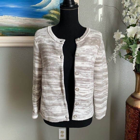 Lands’ End 💯% Cotton Women’s White Gray Button Down Cardigan Sweater Size Small - Picture 11 of 17